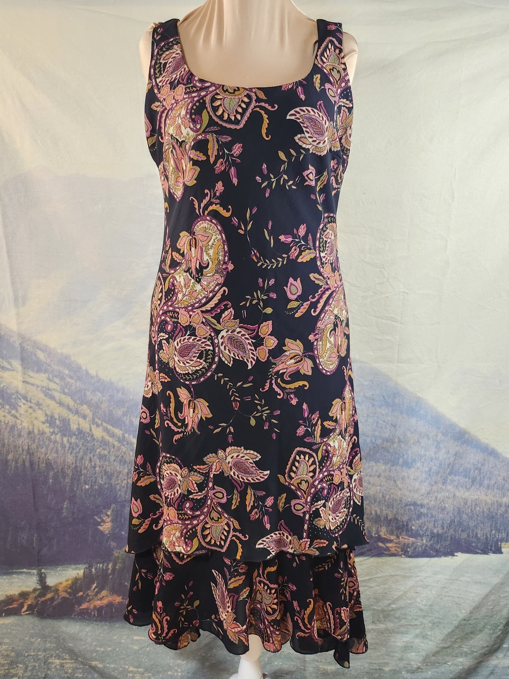 Y2K Paisley Floral Layered Hem Black Pink Sleeveless Dress 14